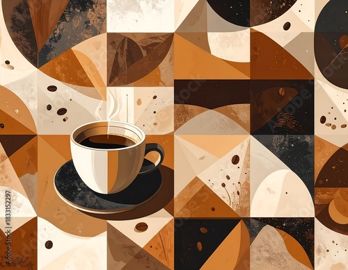 Abstract geometric coffee art featuring warm, earthy tones and a steaming cup