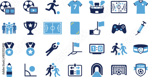 Soccer icons, football, match, player, jersey, stadium, goal, tactics, fans, trophy, scoreboard, referee, team, sports, celebration
