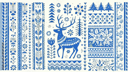 Blue and white folk art illustration featuring a deer, trees, flowers, and geometric patterns in vertical bands