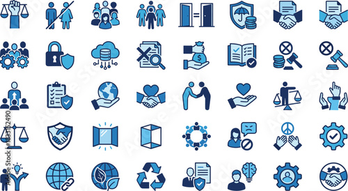 Social justice icons, governance symbols, teamwork visuals, legal process, equality graphics, sustainability signs, data protection, community support, ethical practices, transparency tools