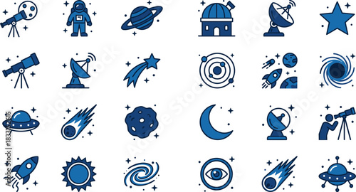 Space icon set, astronomy symbols, cosmic tools, galaxy graphic, rocket design, planet concept, telescope view, star elements, universe exploration