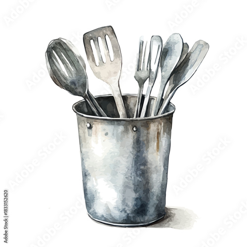 Hand-painted style, vectorized, vector metal kitchen utensil set available in EPS An Elegant watercolor painting design collection, A painting of design set. EPS format