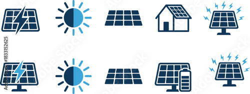 Solar icons, energy generation, photovoltaic system, renewable power, sun panel, battery storage, eco electricity, green energy, sustainable technology, blue theme, clean power, solar visuals