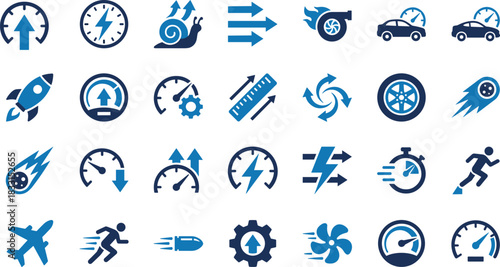 Speed icons, motion visuals, performance symbols, acceleration, fast movement, slow motion, rocket, runner, stopwatch, gear, car, arrow, turbine, airplane, bullet