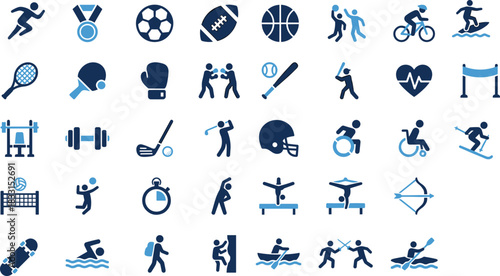 Sports icons, fitness symbols, athletic activities, physical training, recreational games, health graphics, active lifestyle, outdoor sports, gym equipment, blue theme
