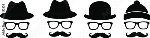 Stylized face icons, hat glasses mustache, gentleman symbols, fashion accessories, retro design, vector set, personality graphics, minimal style