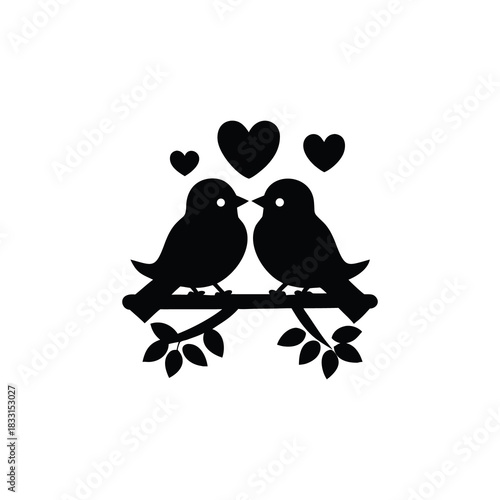 Birds couple on branch with hearts silhouette romantic love relationship isolated on white background isolated on transparent background