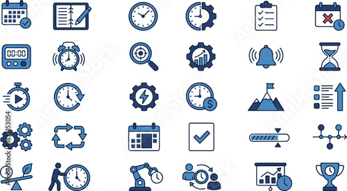 Time management icons, productivity tools vector, project planning symbols, workflow optimization graphics, goal achievement elements, blue tone design, scheduling visuals, task tracking illustration