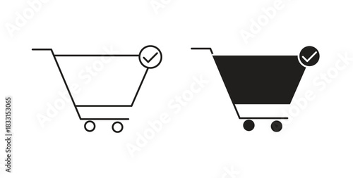 Shopping cart check icon glyph and line set thin line symbol concept.