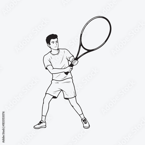 Young male tennis player with racket, sport line art illustration