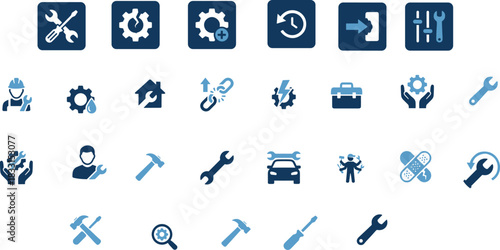 Tool icons, maintenance visuals, repair symbols, engineering, wrench, screwdriver, gear, hammer, toolbox, worker, settings, adjustment, fix, service, construction, mechanic
