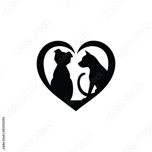Heart shape with silhouette of dog and cat facing each other symbolizing love and companionship isolated on white background isolated on transparent background