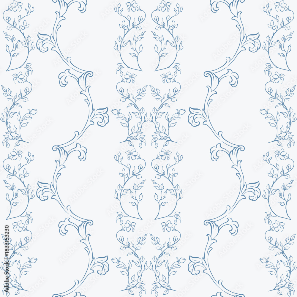 Fototapeta premium Vintage baroque seamless pattern. Victorian hand drawn pattern with hand drawn acanthus leaves and florals. Classic background for wedding invitation, wrapping, packaging, fabric, and wallpaper.