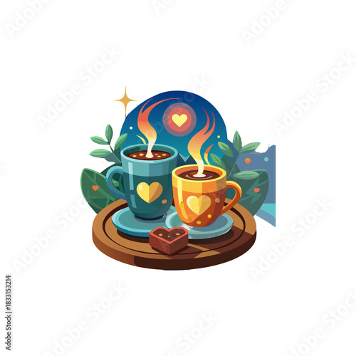 Hot espresso in a brown coffee cup on a cafe table, captured as a vector illustration with steam and a rich aroma