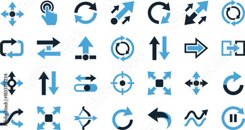 UI arrow icon set, directional symbols, refresh motion, touch gestures, navigation tools, interface design, rotation graphic, movement indicator, digital pointer, UX concept