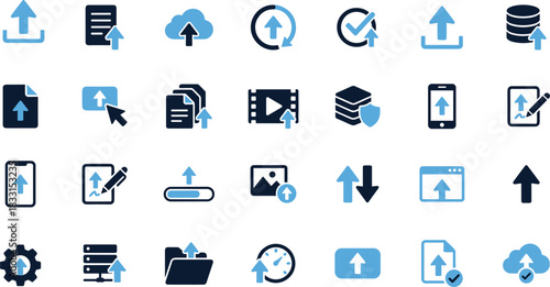Upload icons, cloud transfer, data sharing, file upload, secure transfer, mobile sync, digital interface, server upload, document sharing, progress bar, blue theme, UI elements