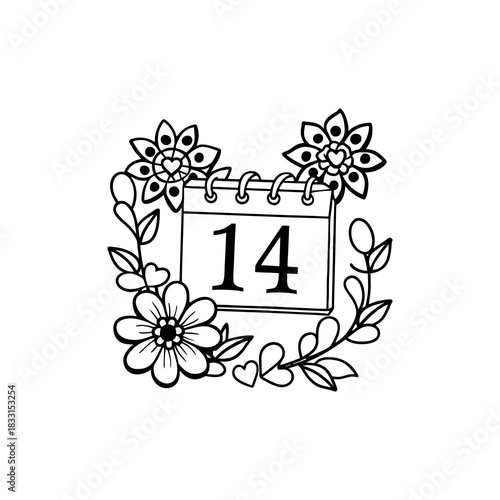 Fourteen calendar page with floral border hand drawn illustration isolated on white background isolated on transparent background