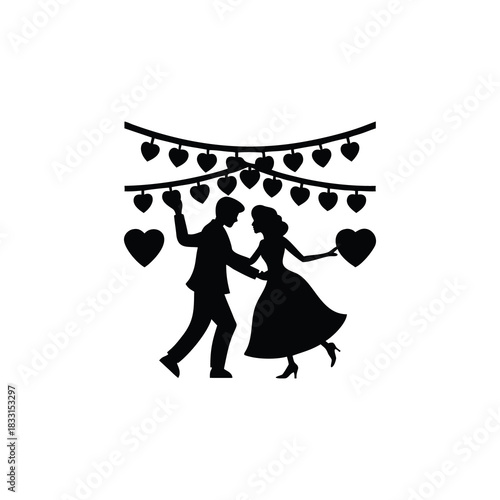 Cartoon vector illustration of bride and groom silhouette with heart design on a white background for wedding card