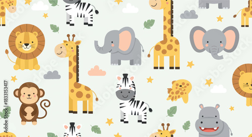 Delightful seamless pattern featuring an array of cute cartoon safari and jungle animals, perfect for charming children's designs, nursery decor, baby clothing, and playful textile prints