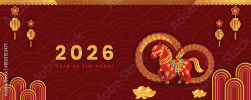 Festive vector design on deep burgundy backdrop featuring a stylized pony and asian geometric patterns. Perfect for corporate seasonal invites, packaging or wall prints.