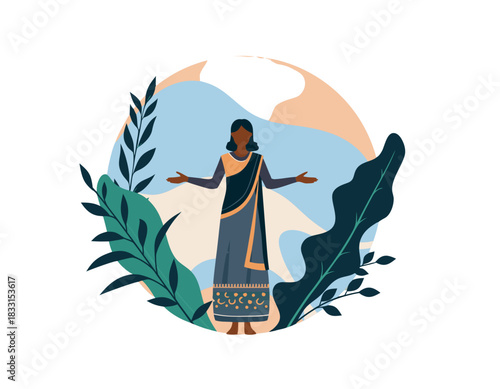 Flat Portrait Of A Woman With Wavy Hair Surrounded By Botanical Elements In A Vector Composite With A Soft Color Palette