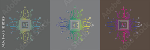 A I chip circuit board with colorful connections artificial