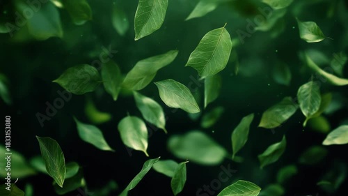 Abstract background of vibrant green leaves gently falling or floating in a dark, moody, and atmospheric environment with soft focus 4k video