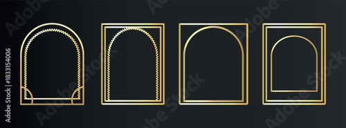 Luxury thin gold frame set in art deco, Islamic style. Premium geometric golden arch on black background. Elegant linear borders for vip, greeting card, wedding invitation. Isolated vector illustratio