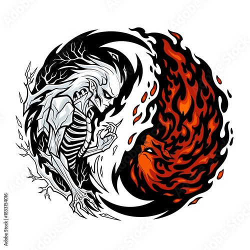 Yin and yang symbol featuring a skeleton and flames representing balance and duality in a stylized design concept