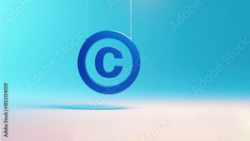 Floating copyright bright blue symbol showing symbols for digital copyright, patent protection