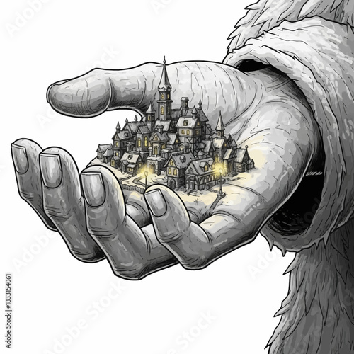 Giant hand holding a miniature town with glowing windows and streetlights in a fantasy illustration style art piece