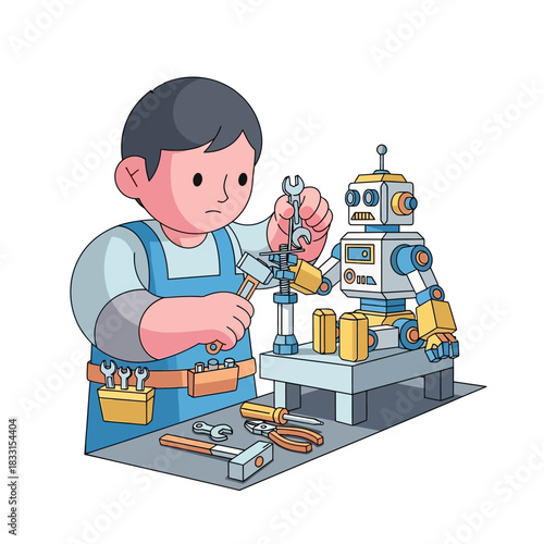 A focused young boy in a blue apron with a tool belt meticulously assembles a small retro robot.