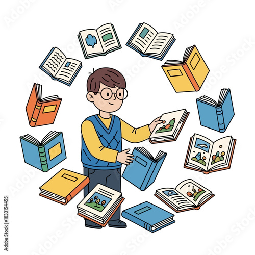 Boy with Glasses Surrounded by Colorful Open Books in a Circular Arrangement.