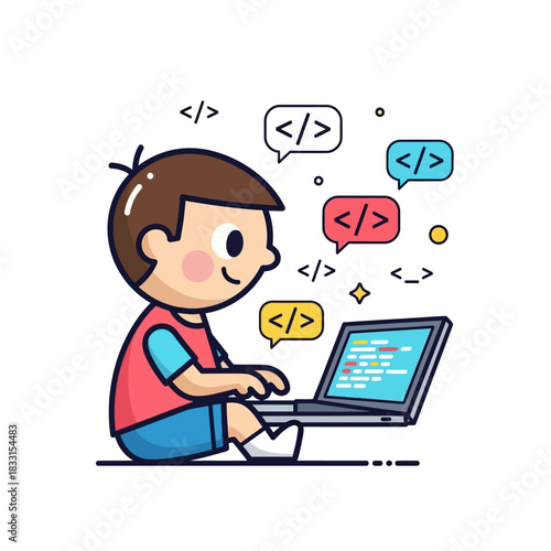 Cartoon Boy Coding on Laptop with HTML Tags Bubbles, Wearing Red Vest.