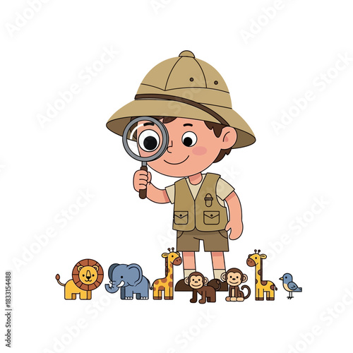 Cartoon Boy Explorer in Pith Helmet with Magnifying Glass and Tiny Safari Animals.