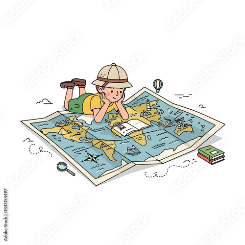 Cartoon boy in pith helmet lying on a world map, reading a book.