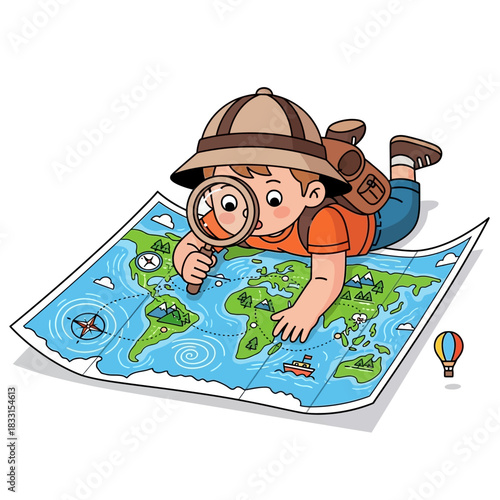 Curious cartoon boy explorer in a safari hat, examining a colorful world map with a magnifying glass while lying down.