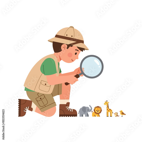 Curious cartoon boy in safari gear kneeling to inspect tiny animal toys with a magnifying glass.