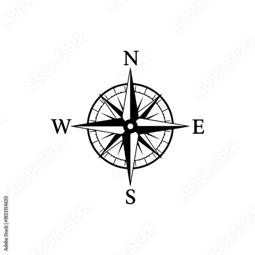 Elegant nautical compass rose pointing north, perfect for adventure, travel, or navigation themes, originally a scalable vector graphic for adaptable designs