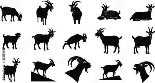 Goat silhouette set diverse poses and angles of farm animals