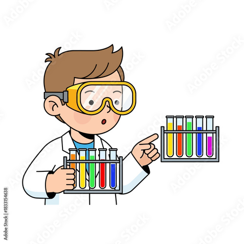Curious cartoon scientist in lab coat and goggles holding and pointing at colorful test tubes, exploring chemistry.