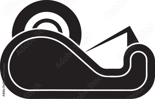 Black and white minimalist illustration of a tape dispenser with a roll of tape adhesive tape