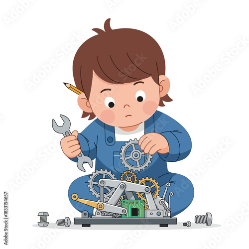 Cute cartoon boy in blue overalls building a mechanical device with gears and tools.