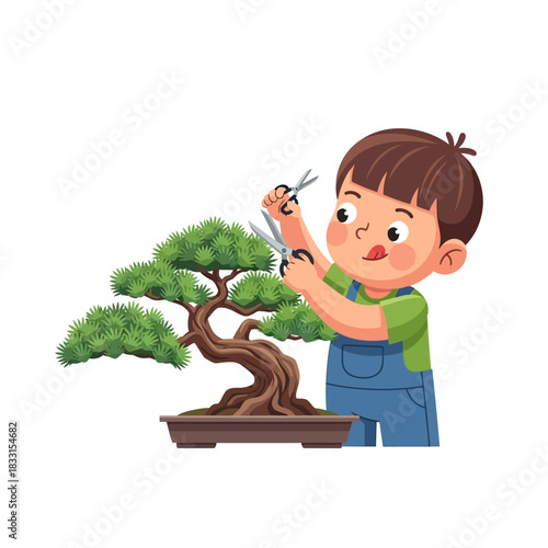 Cute cartoon boy carefully pruning a miniature bonsai tree with small scissors, tending its green foliage.