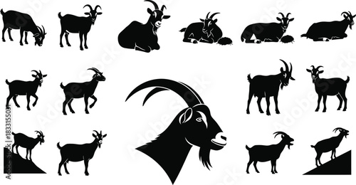 Collection of goat silhouettes in various poses on a white background