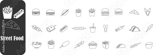 Street Food burger symbols, fries, pizza, hotdog Silhouette Vector Icon