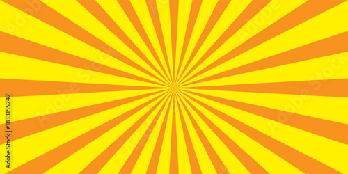 Orange stripes burst lines background. Sun ray light. Circus background of spiral yellow orange rays vector. Radiate sunlight. Vintage stripes halftone radial wallpaper for poster, banner.