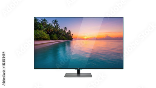 Foto Isolated modern flat screen television set displaying a sunset beach landscape i
