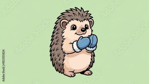 Cute cartoon hedgehog wearing blue mittens and smiling warmly against a soft green background perfect for winter or cold weather themes