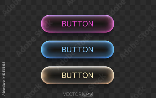 Modern glowing UI buttons with neon effect in various colors.